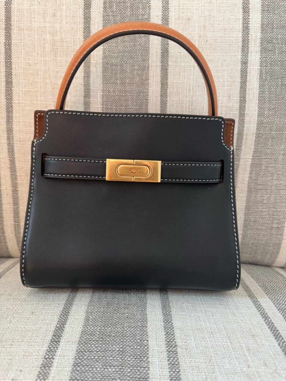 Original Tory Burch Petite Lee Radziwill Double Bag - Black with white stitching